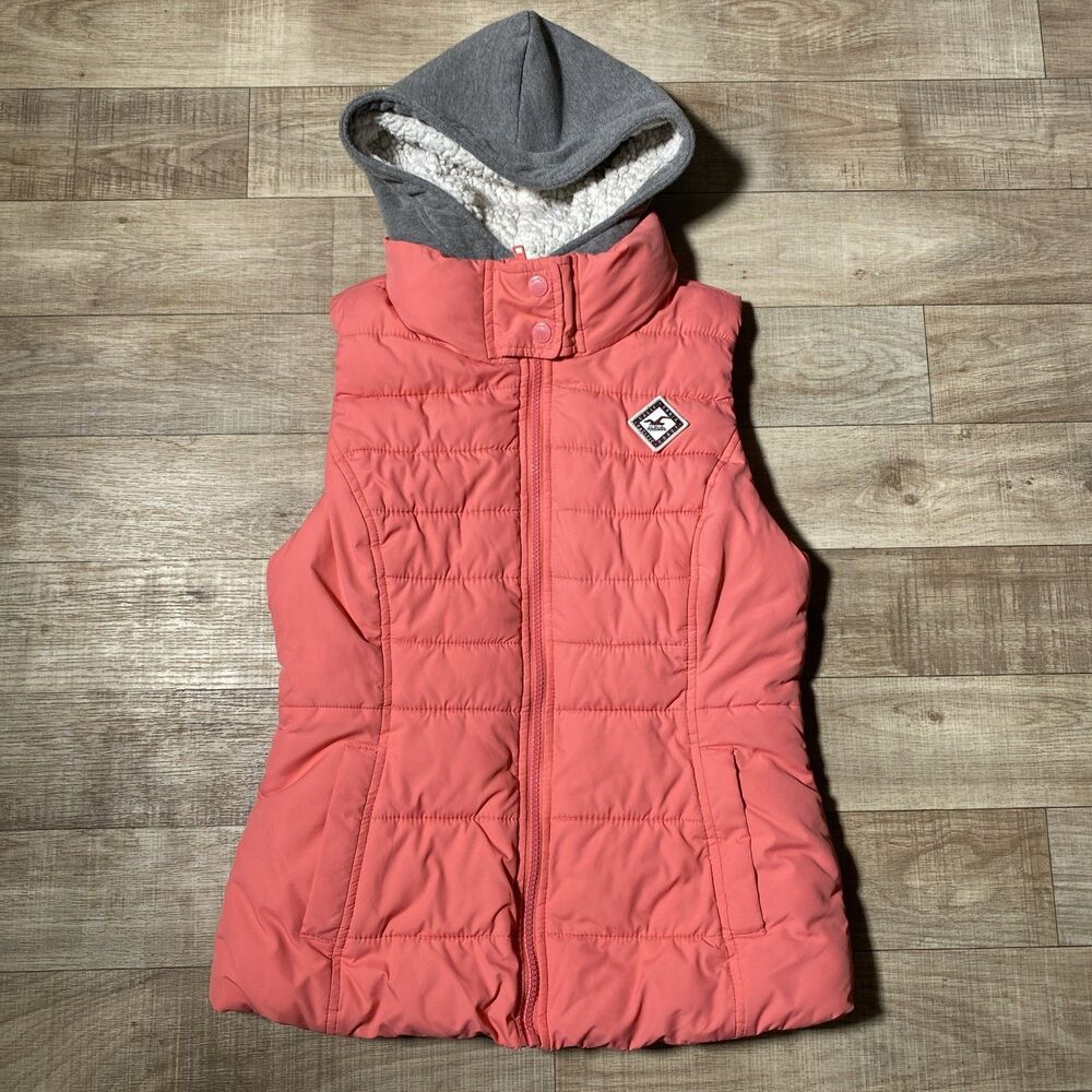 Puffer Vest Hollister Women’s S Sherpa Lined Pink Quilted Vest Hooded Zip